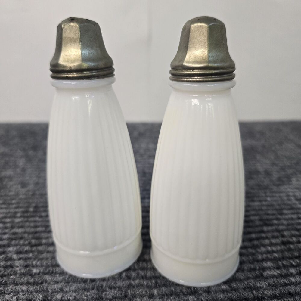 2 Vintage 5 1/2" Ribbed White Milk Glass Salt & Pepper Shakers w/Metal Lids